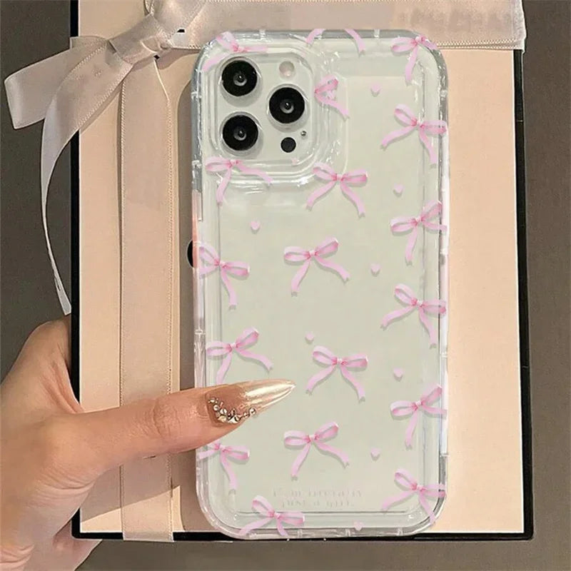 Cute Pink Heart Bow Case for IPhone 16 15 14 13 12 11 Pro Max 13 12Mini XS XR 7 8Plus SE 2022 Shockproof Soft Clear Cases Coque - Caseverse