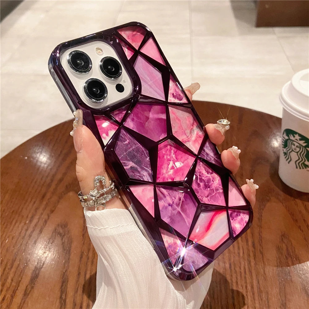 Plating Glitter Diamond Pattern Colorful Marble Phone Case For iPhone 15 13 11 12 14 Pro Max Soft Silicone Transparent Cover - Caseverse