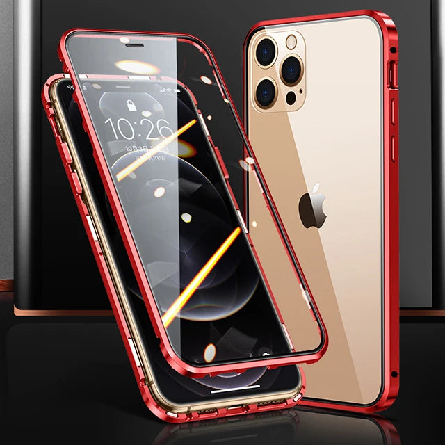 360°Full Protection Metal Magnetic Phone Case For IPhone 16 Pro Max 14 13 12 11 15 Pro Max X XS XR Plus Double-Sided Glass Cover - Caseverse