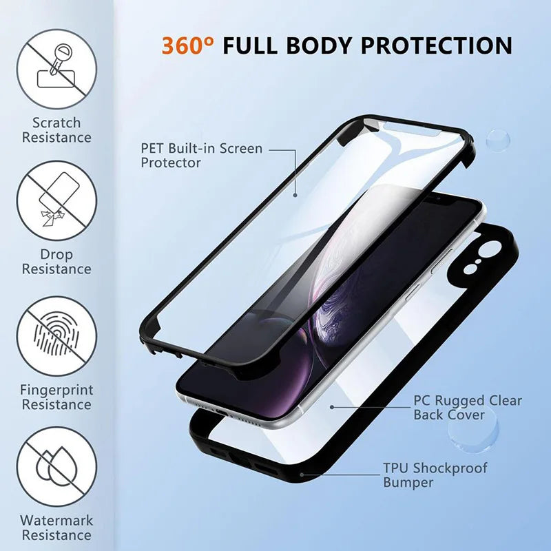 360 Degree Case For iPhone 15 14 13 12 11 Pro Max 14 Plus XS MAX XR Clear Cover Full Body Rugged Built-in Screen Protector Case - Caseverse