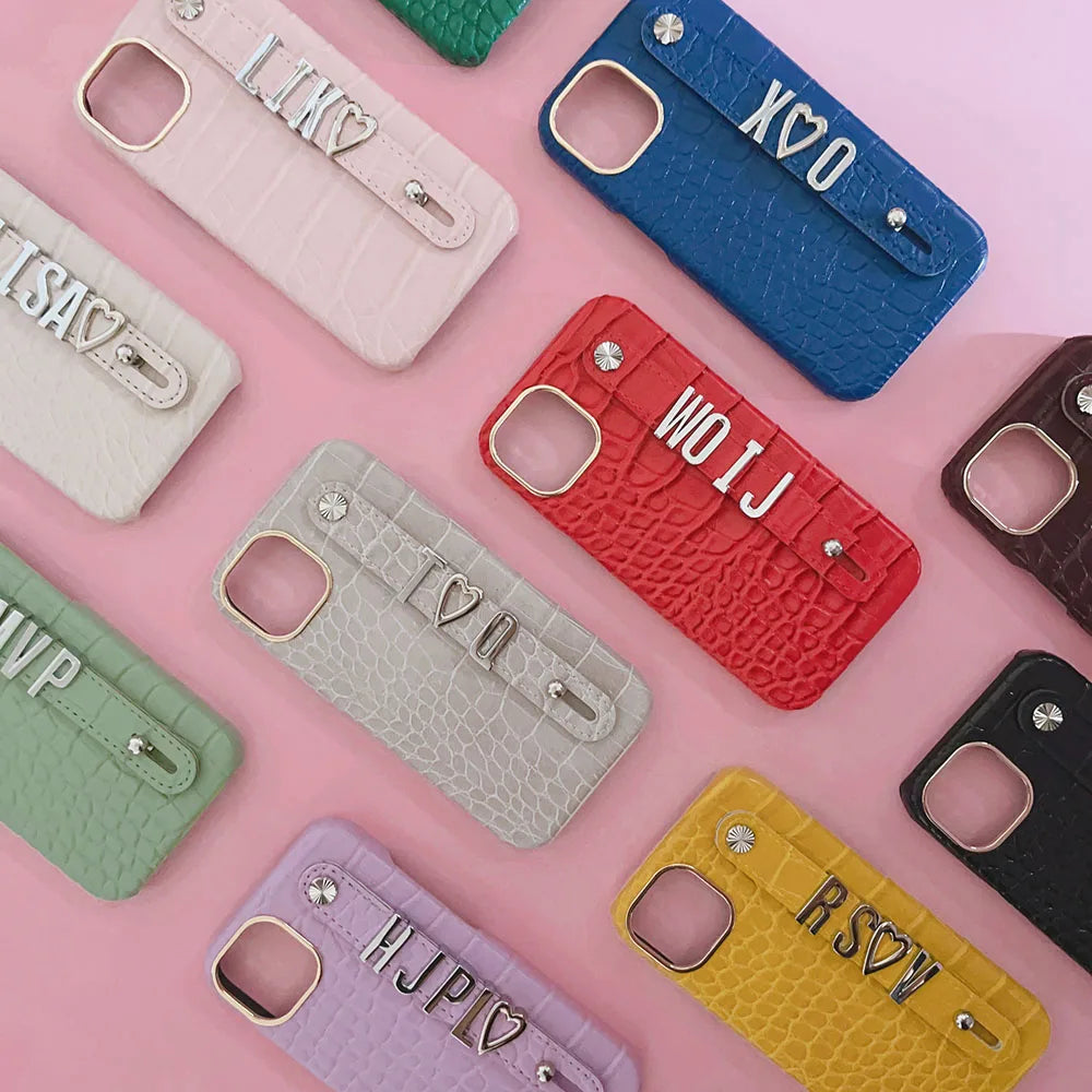 Luxury Custom Personalised Name Silver Metal Letter Charm Leather Phone Cases For Iphone 14 13 12 11 15 Pro Max 16 pro max Cover Caseverse