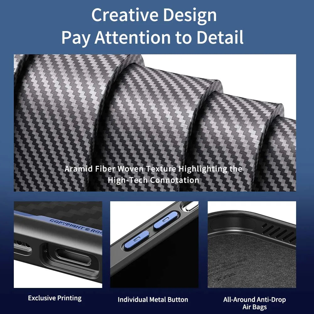 ROCK Kevlar Magnetic Case for iPhone 15 Pro Max Metal Lens Military Grade Shockproof Cover for iPhone 15 Compatible with MagSafe - Caseverse