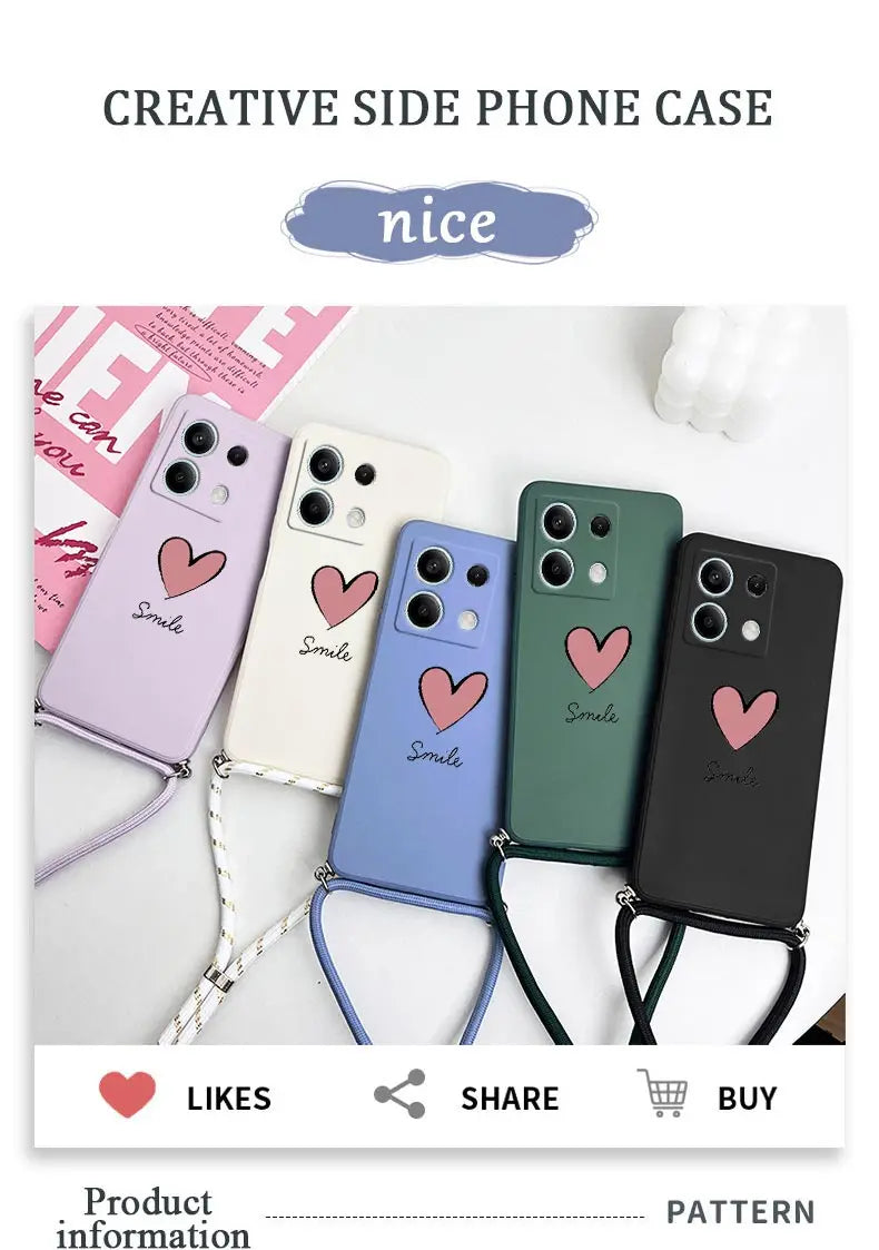 Note13 Big Red Heart Lanyard Silicone Phone Case For Xiaomi Redmi Note 13 13Pro Shatterproof Redmi Note 13ProPlus Back Cover - Caseverse