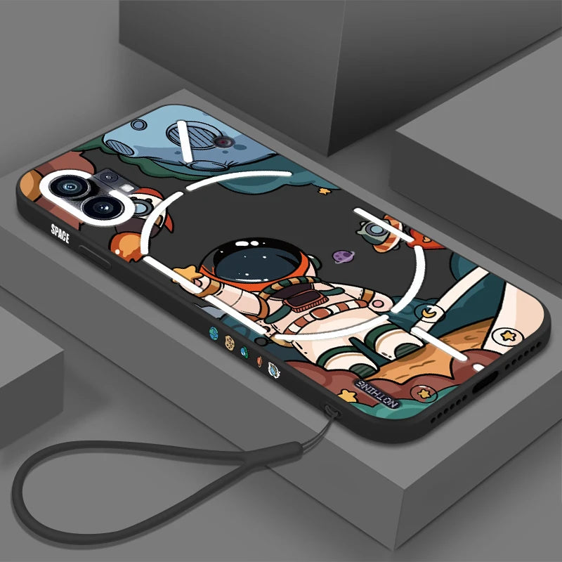 A black phone case with an astronaut and space-themed design, featuring a lanyard.