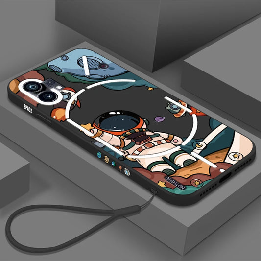A black phone case with an astronaut and space-themed design, featuring a lanyard.