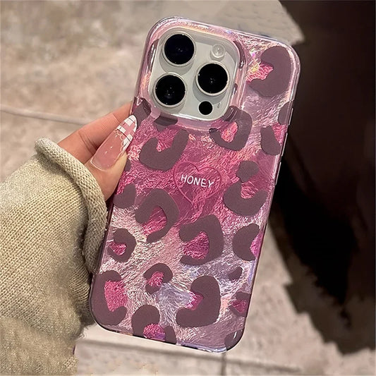 Phone Case for iPhone 16 Pro Max 15 14 Plus 13 12 11 XS X XR 7 8 SE 2022 Cute Pink Leopard Print Stylish Lovely Heart Soft Cover - Caseverse