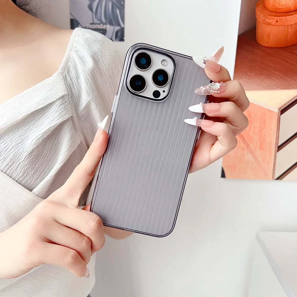 Metal Button Key Vertical Stripe Corrugated Clear Phone Case for IPhone 13 14 15 16 Pro Max Shockproof PC Protective Back Cover Caseverse