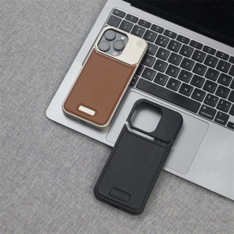 Aluminum Alloy Leather Magnetic Phone Case For iPhone 16 16pro 15 14 Pro Max Wireless Charging Metal Frameless Shockproof Cover Caseverse