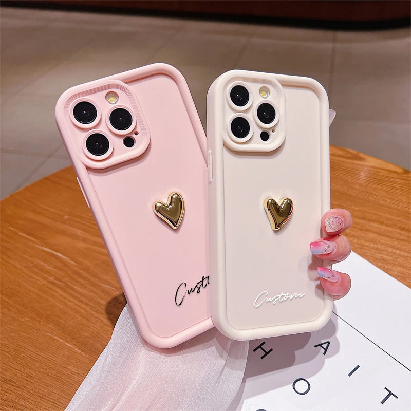 3D Gold Love Heart Personalized Custom Name Case For iPhone 16 15 14 13 12 11 Pro Max X XS XR 7 8 Plus Silicone Candy DIY Cover Caseverse