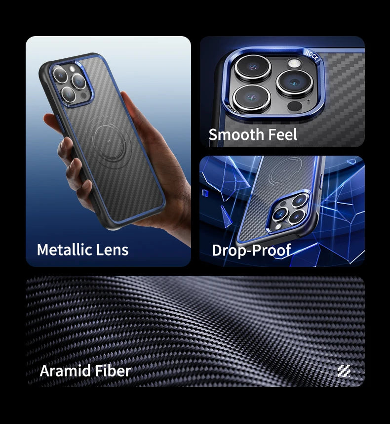 ROCK Kevlar Magnetic Case for iPhone 15 Pro Max Metal Lens Military Grade Shockproof Cover for iPhone 15 Compatible with MagSafe - Caseverse