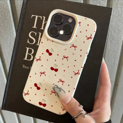 For iPhone 16 15 14 13 12 11 Pro Max Case Cherry Bow Lichee Pattern Silicone Phone Cover For iPhone XS Max 14 15 16 Plus Fundas - Caseverse