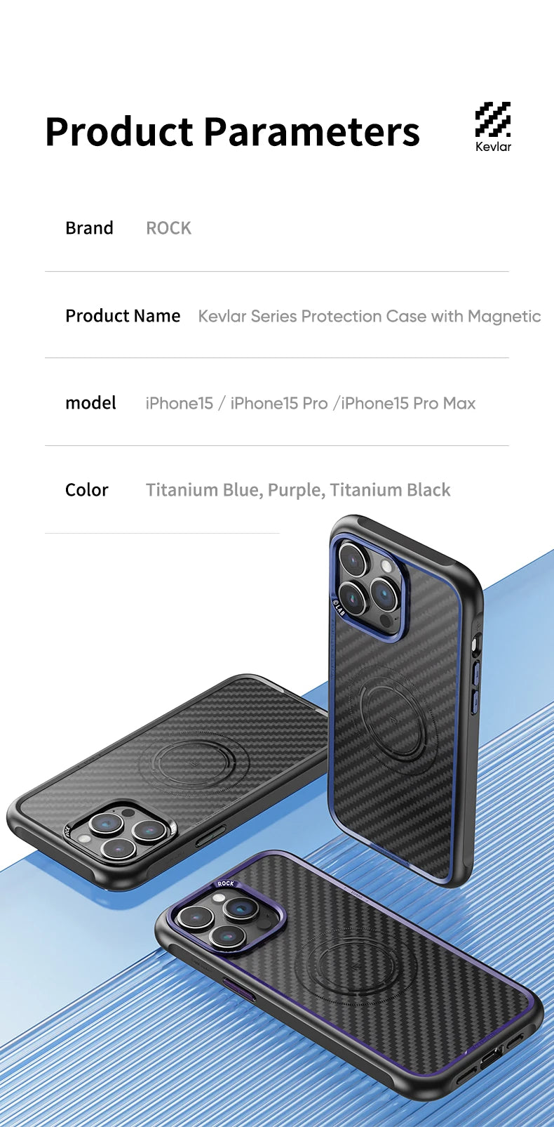 ROCK Kevlar Magnetic Case for iPhone 15 Pro Max Metal Lens Military Grade Shockproof Cover for iPhone 15 Compatible with MagSafe - Caseverse