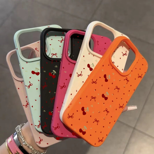 For iPhone 16 15 14 13 12 11 Pro Max Case Cherry Bow Lichee Pattern Silicone Phone Cover For iPhone XS Max 14 15 16 Plus Fundas - Caseverse