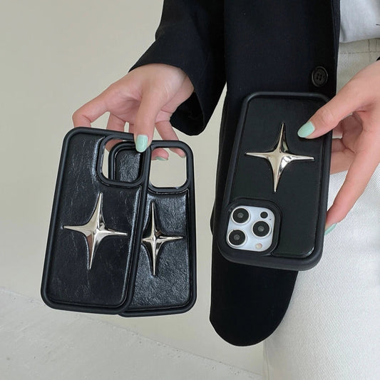Luxury Metal Star PU Leather Phone Case For iPhone 15 14 13 12 Pro Max 15pro 14Pro Shockproof Cover Men Women Stylish Cases Caseverse