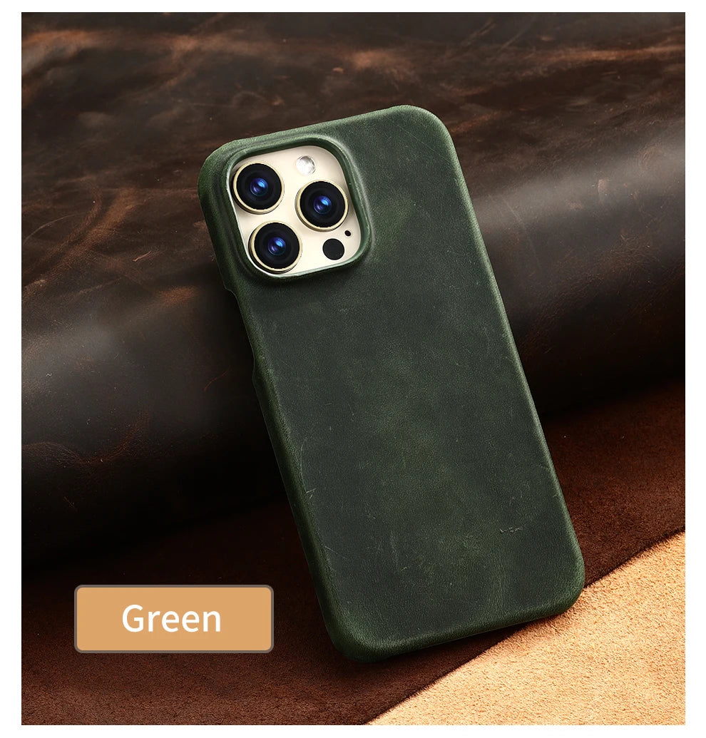 Retro Cowhide Phone Case for iPhone 16 15 13 14 Pro Max 16Pro 14Pro 15Pro Luxury Crazy Horse Genuine PULL-UP Leather Back Cover Caseverse