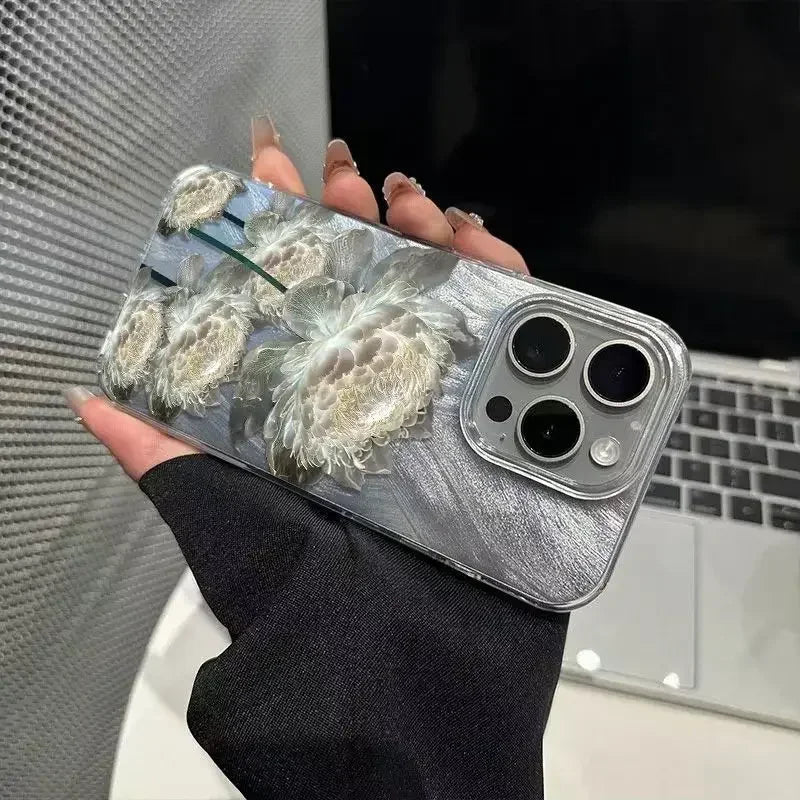 Five Golden Lotus Pattern Phone Case for IPhone 11 13 14 15 16 Pro Max 7 8 14 15 Plus X XS Max XR 16e Feather Texture Hard Cover - Caseverse