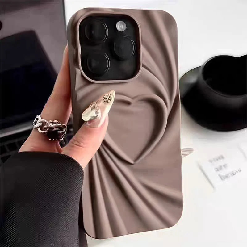 Fashion Fold Wrinkle 3D Love Heart Phone Case For iPhone 13 14 15 Pro Max 16 Plus 11 12 ProMax Soft Matte Silicone Full Cover - Caseverse