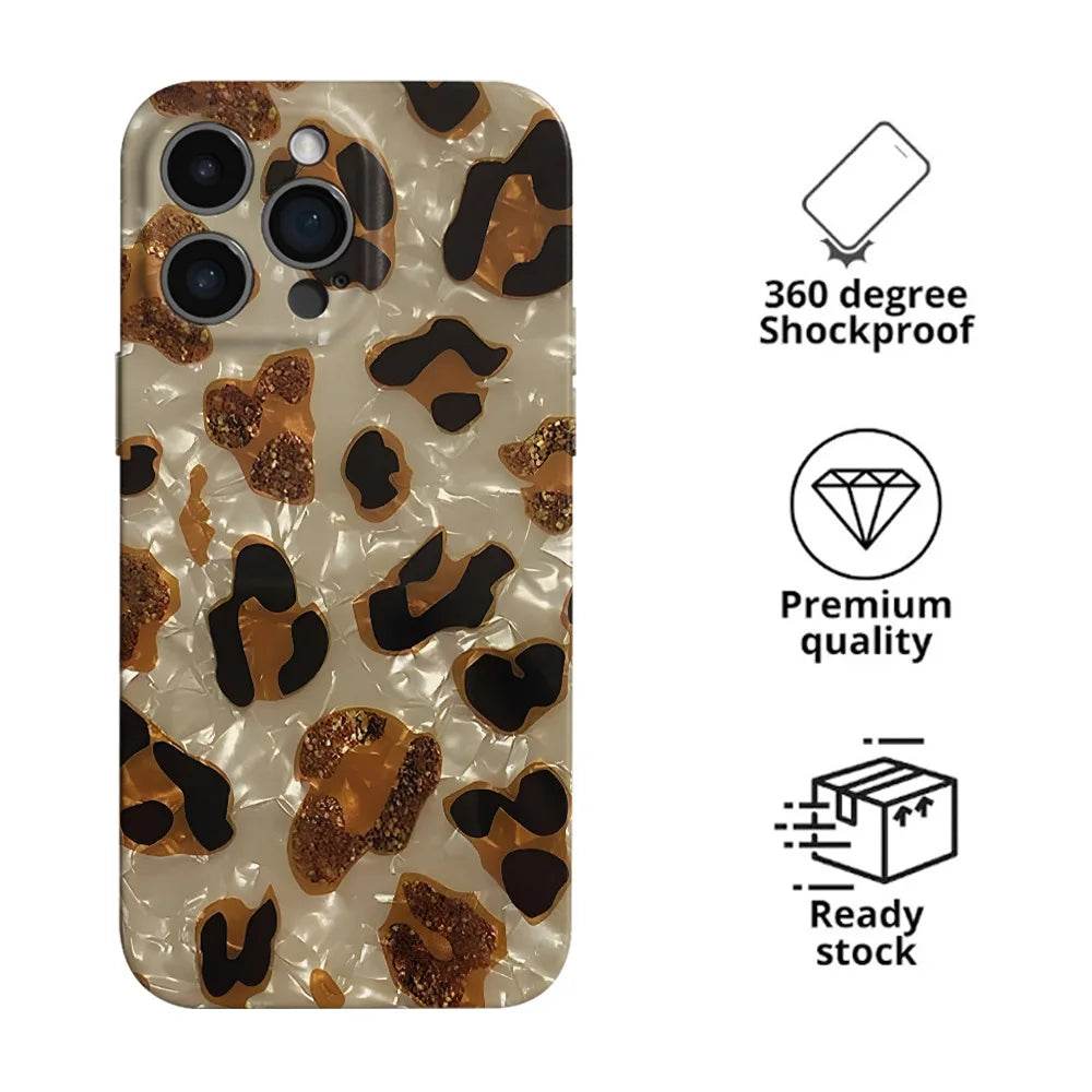 Vintage Glitter Leopard Print Phone Case For IPhone 16 15 13 12 11 Pro Max 14 Plus Dream Shell Leopard Marble Texture Hard Cover - Caseverse