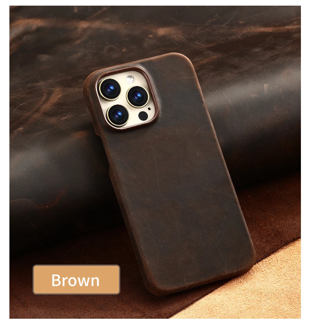 Retro Cowhide Phone Case for iPhone 16 15 13 14 Pro Max 16Pro 14Pro 15Pro Luxury Crazy Horse Genuine PULL-UP Leather Back Cover Caseverse