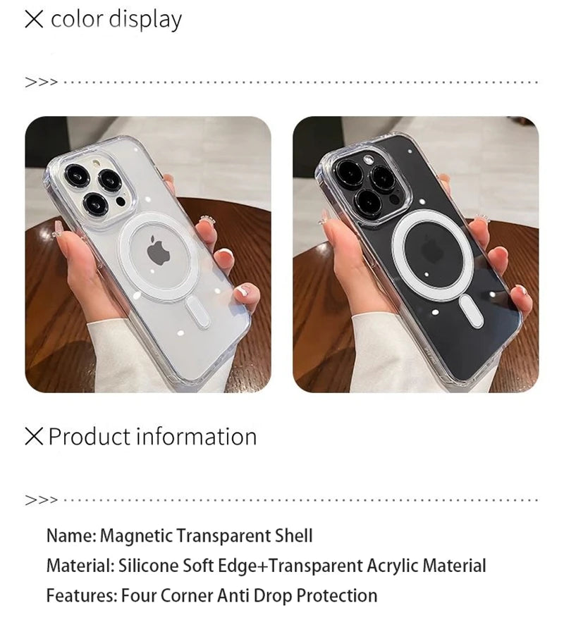 Original Clear For Magsafe Magnetic Wireless Charging Case For iPhone 15 14 13 12 Mini 11 Pro X XR XS Max 7 8 Plus Acrylic Cover - Caseverse