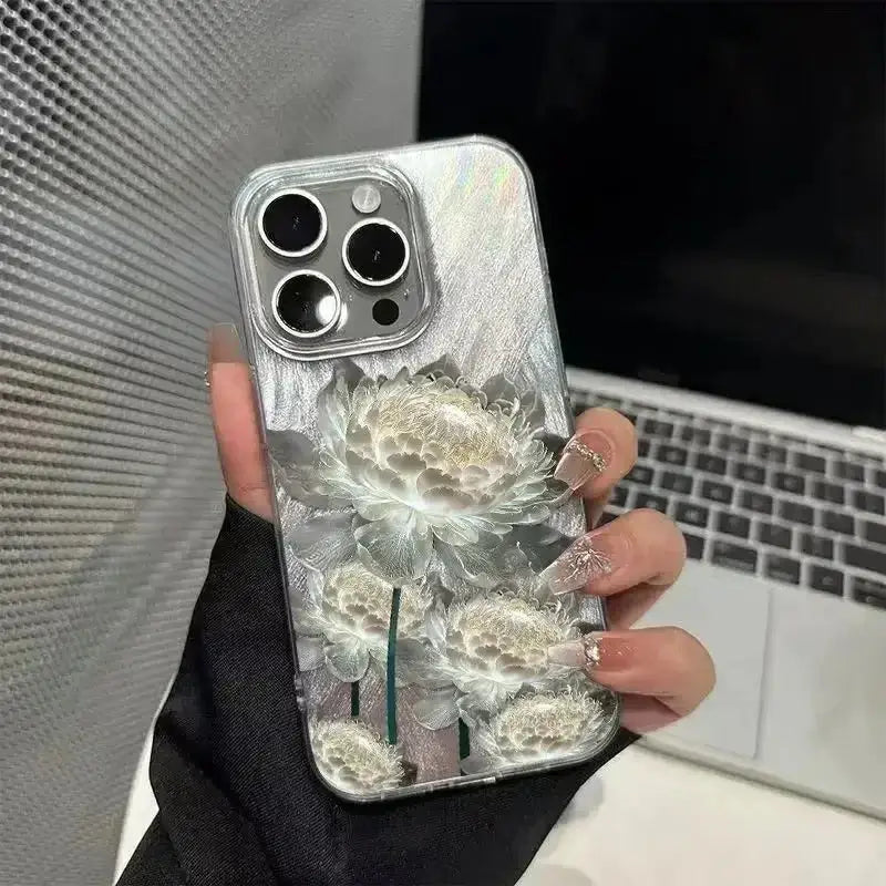 Luxury Five Lotus Pattern Phone Case For iPhone 16 15 14 13 12 11 Pro XR XS 7 8 Plus Shockproof Feather Chiffon Texture Cover﻿ Caseverse