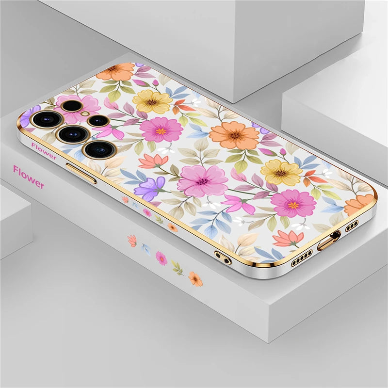 S24 Plus Luxury Plating Phone Case For Samsung Galaxy S24 Ultra S24 5G A25 A24 A15 Shockproof Flowers Pattern Back Cover Coque - Caseverse