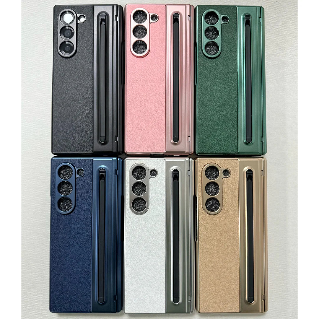 For Galaxy Fold6 S Pen Leather Phone Case Hinge Protection & Built-in Screen Protector Leather Phone Cover for Fold5 Fold4 Black - Caseverse