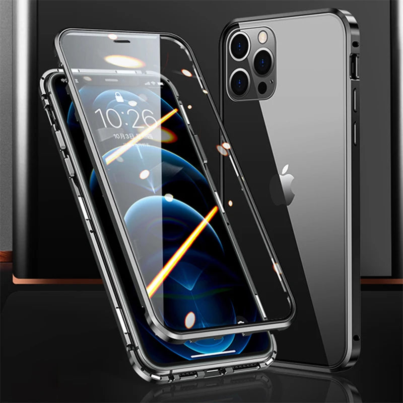 360°Full Protection Metal Magnetic Phone Case For IPhone 16 Pro Max 14 13 12 11 15 Pro Max X XS XR Plus Double-Sided Glass Cover - Caseverse