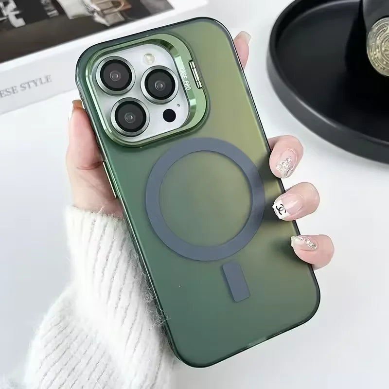 Gradient Metal Lens Holder Magsafe Phone Case for IPhone 16 15 14 Plus 13 12 Pro Max Back Lens Glass Film Matte PC Hard Cover Caseverse