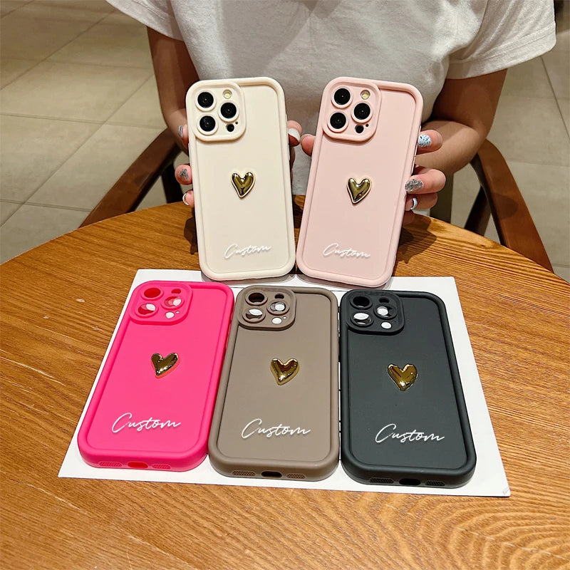 3D Gold Love Heart Personalized Custom Name Case For iPhone 16 15 14 13 12 11 Pro Max X XS XR 7 8 Plus Silicone Candy DIY Cover Caseverse