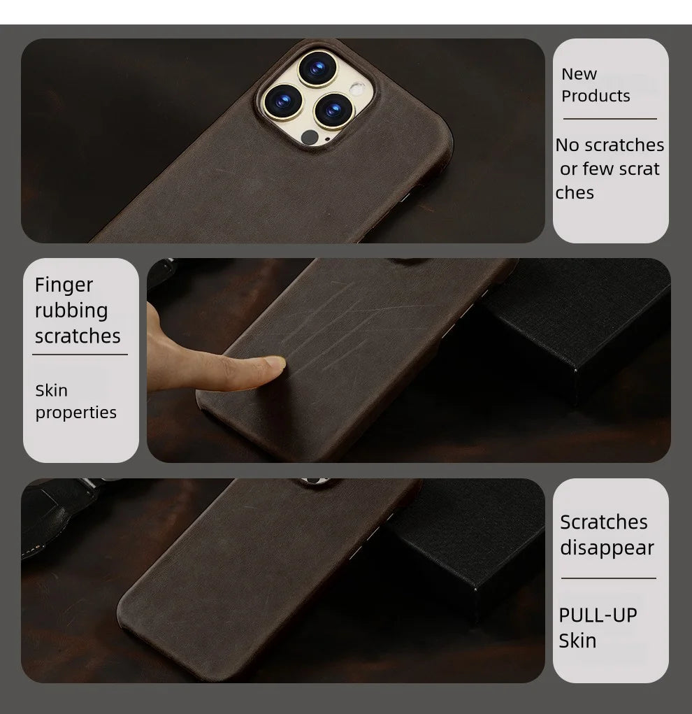 Retro Cowhide Phone Case for iPhone 16 15 13 14 Pro Max 16Pro 14Pro 15Pro Luxury Crazy Horse Genuine PULL-UP Leather Back Cover Caseverse