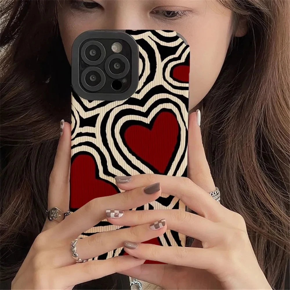 Fashion Romantic Love Hearts Phone Case For iPhone 13 16 14 15 Pro Max Plus 11 12 Mini XS X XR Soft Silicone Stripes Back Cover - Caseverse
