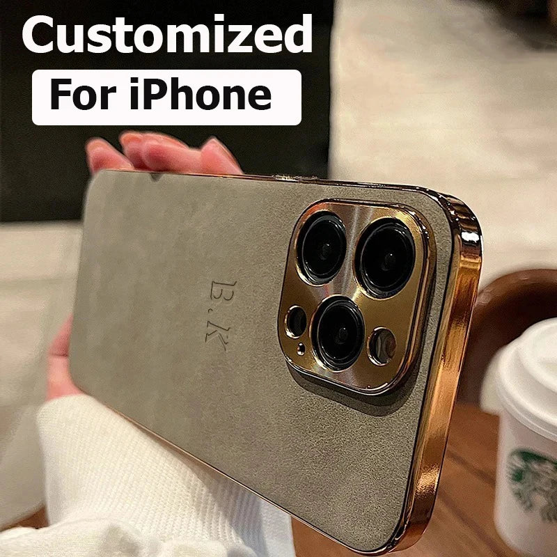 Leather Personalised Customized Name Case For Iphone 11 12 13 14 15 16 Pro Max Plating Frame Lambskin Initials Cover 16 11 15Pro Caseverse