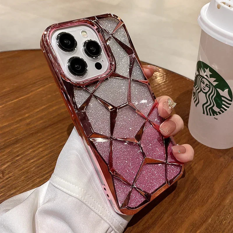 Luxury Girl's Phone Case for iPhone 15 14 13 12 11 Pro Max Plus Glitter Bling 3D Cube Diamond Marble Soft TPU Shockproof Cover - Caseverse