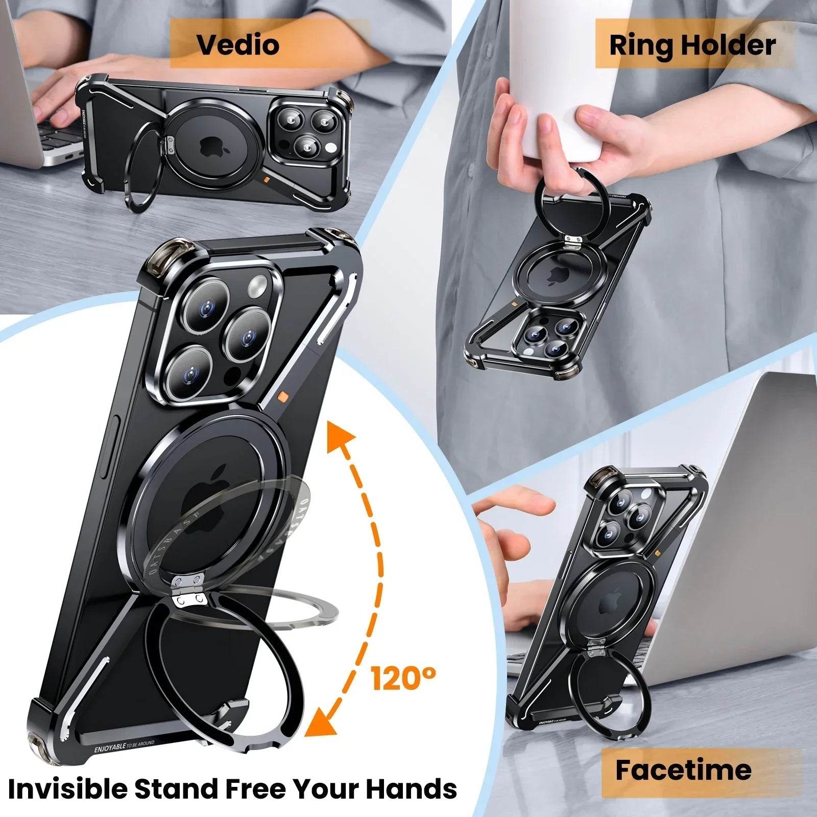 Oatsbasf Z Shape Metal Phone Case for iPhone15 /16 Pro Max Phone Protective Cover Shockproof Bumper w/360° Rotation Holder Caseverse