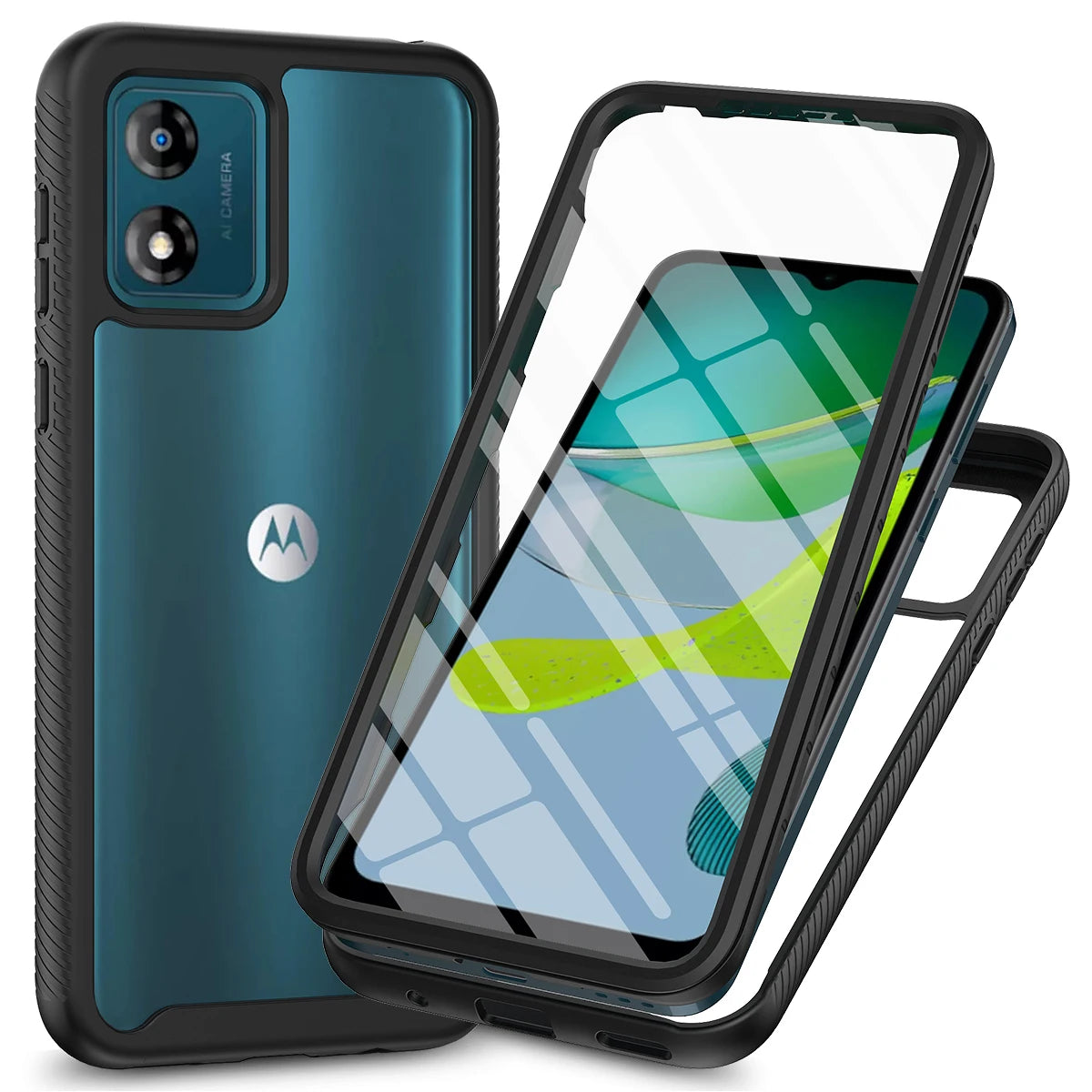 A clear, shockproof phone case with a built-in screen protector for the Moto E13 4G.