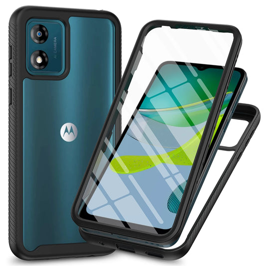A clear, shockproof phone case with a built-in screen protector for the Moto E13 4G.