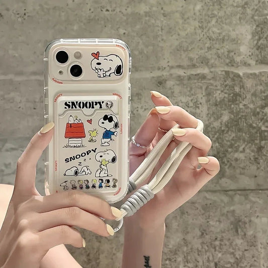 Cute Cartoon Peanut Snoopy Card Holder Pocket Phone Case For iPhone 16 15 14 13 12 11 Pro Max Cases Soft TPU Cover With Lanyard Caseverse