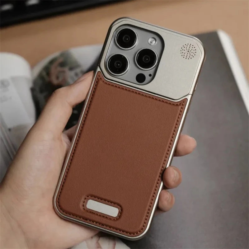 Aluminum Alloy Leather Magnetic Phone Case For iPhone 16 16pro 15 14 Pro Max Wireless Charging Metal Frameless Shockproof Cover Caseverse