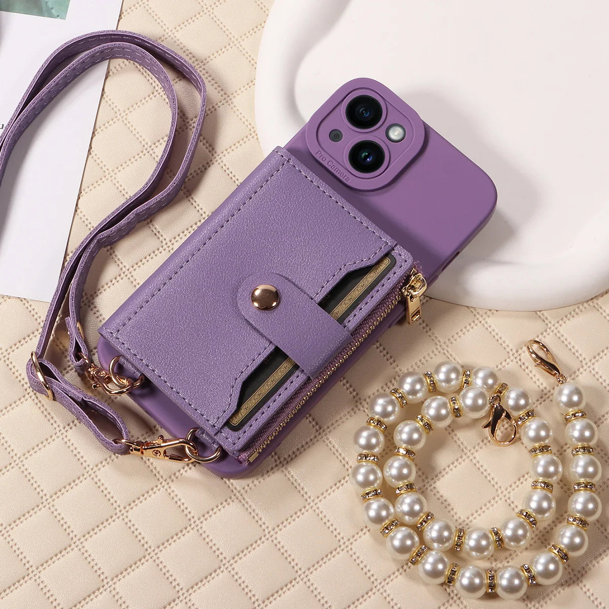 Stylish Mirror Zipper and Pearl Cord Phone Case for IPhone13promax 12mini 11promax 7 Crossbody Fall-proof Faux Leather Cover