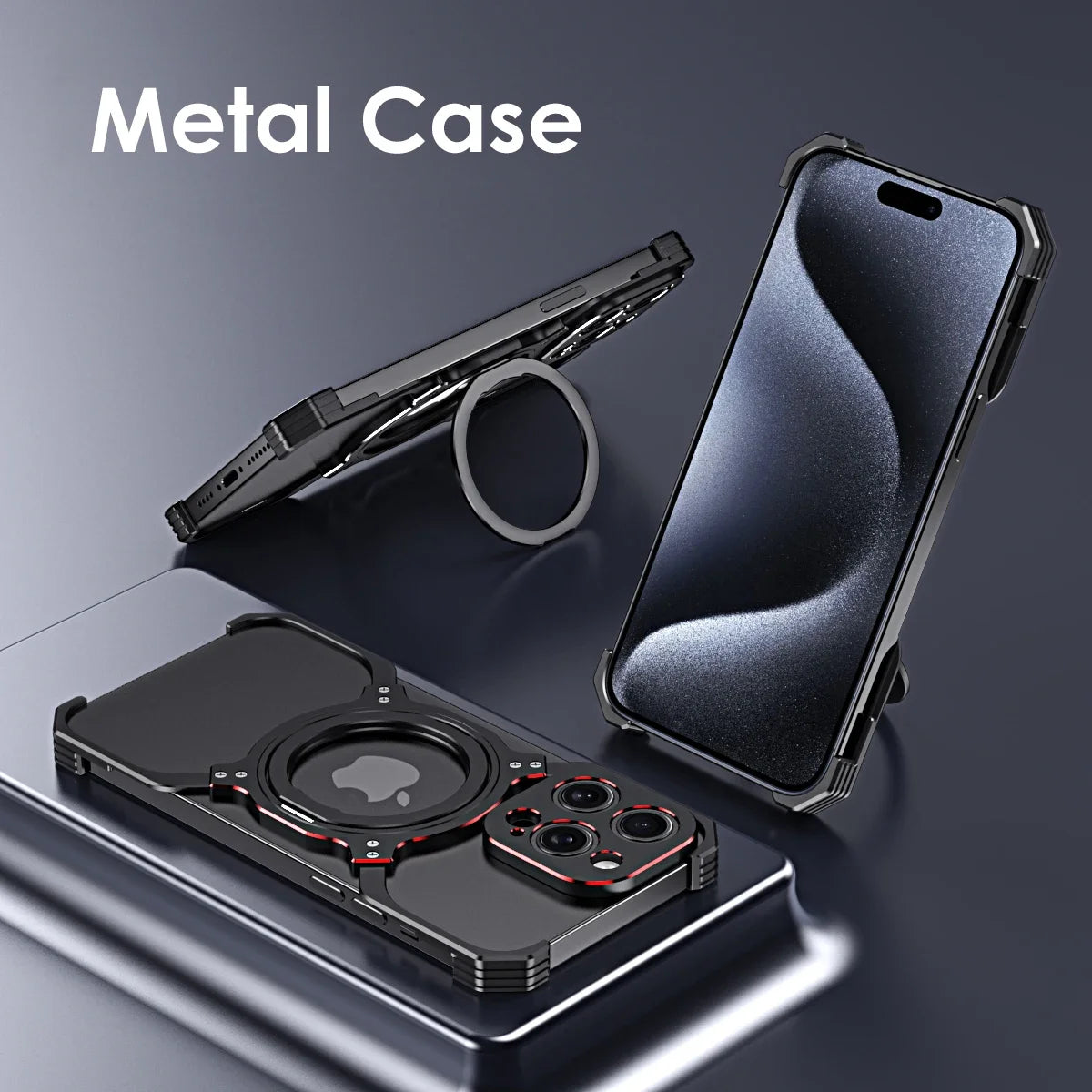 360° Stand Metal Rimless Magnetic Phone Case For iPhone 13 14 15 Pro Max Metal Bumper Lens Protection Metal Skeleton Phone Cover