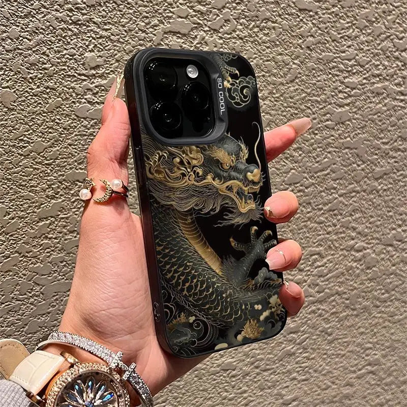 Golden Dragon Personality Pattern Shockproof Matte Phone Case For iPhone 16 15 14 13 12 11 Pro Max XR XS MAX 7 8 PLUS MINI Cover - Caseverse