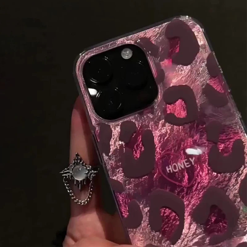 Phone Case for iPhone 16 Pro Max 15 14 Plus 13 12 11 XS X XR 7 8 SE 2022 Cute Pink Leopard Print Stylish Lovely Heart Soft Cover - Caseverse