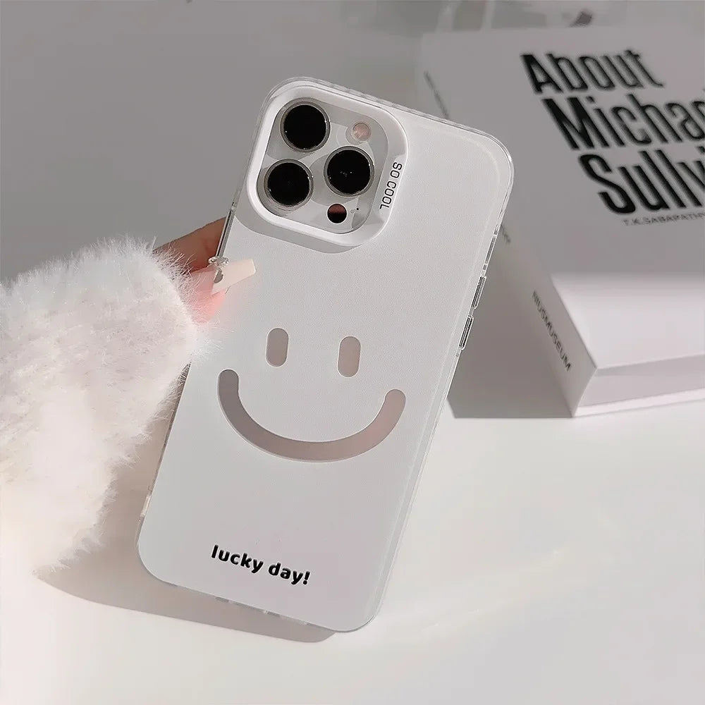 Cute Smiling Face White Phone Cases for iPhone 16 Pro Max Plus 15 14 13 12 11 Cool Minimalist Phone Covers - Caseverse