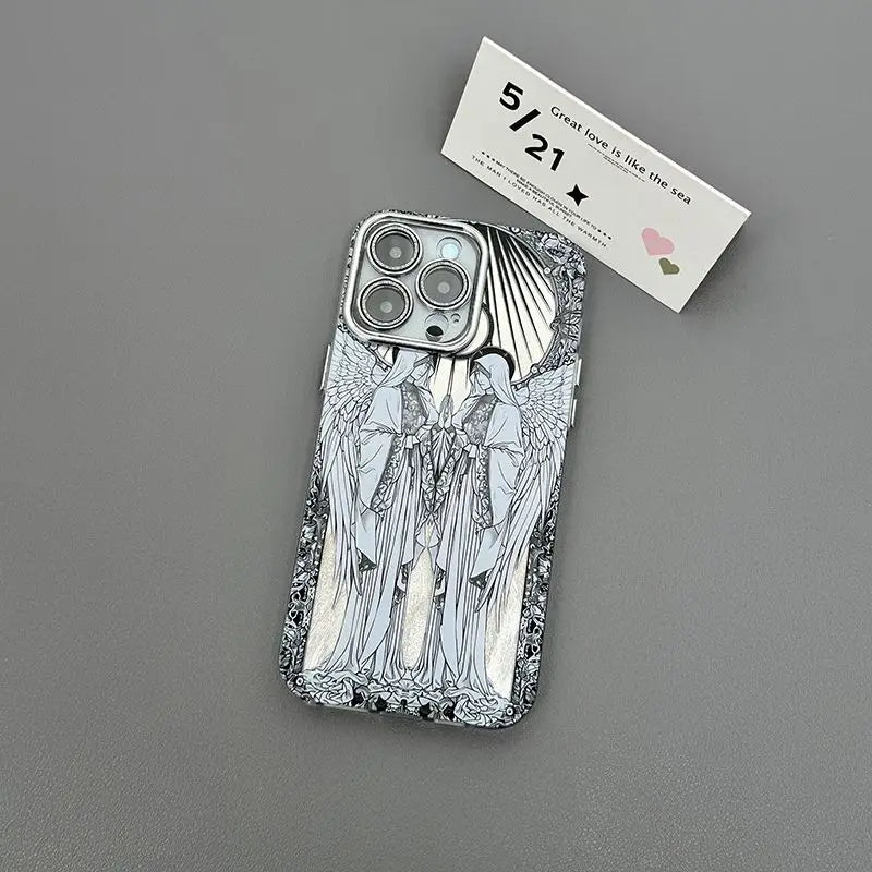 Middle Ages Retro Cupid Angel Phone Case for iPhone 16 15 14 Plus 13 12 11 Pro Max X Xs XR 8 7 Feather Texture Hard Cover - Caseverse