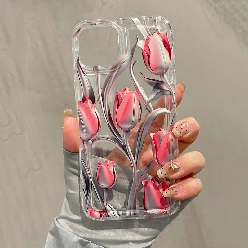 Metal Tulip Pattern Airbag Protective Phone Case For iPhone 14 13 11 15 16 Pro Max 16E 12 Mini XS XR X 8 7 Plus SE 2 Plus Cover Caseverse