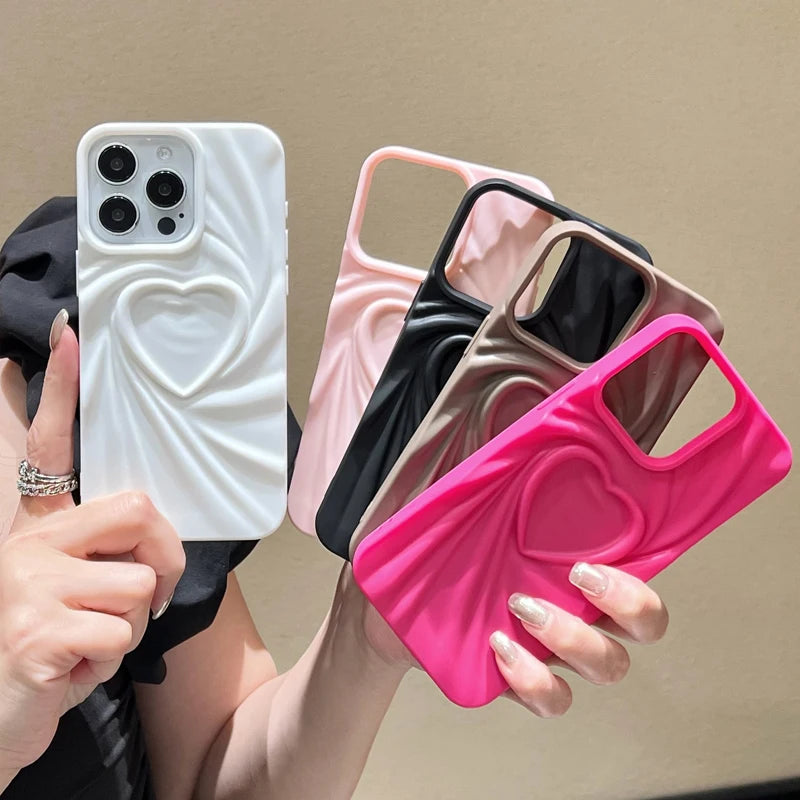 Fashion Fold Wrinkle 3D Love Heart Phone Case For iPhone 13 14 15 Pro Max 16 Plus 11 12 ProMax Soft Matte Silicone Full Cover - Caseverse