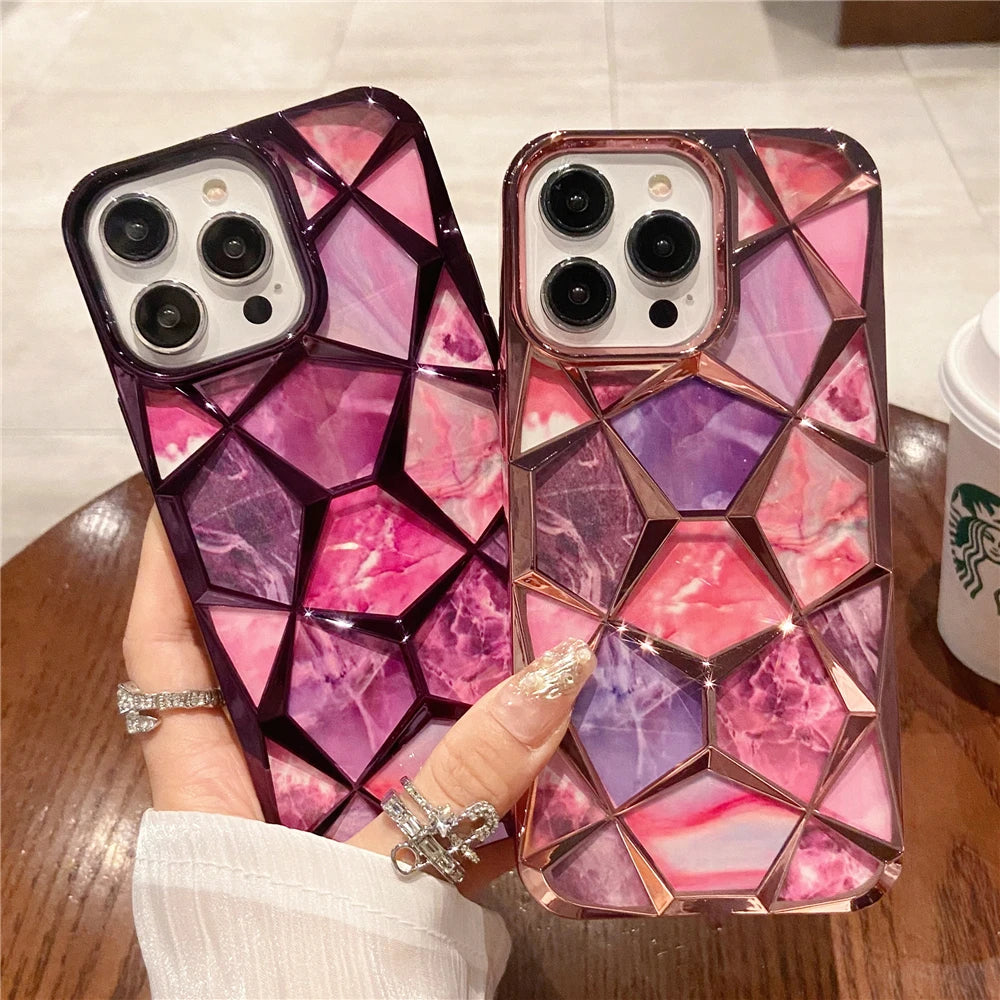 Plating Glitter Diamond Pattern Colorful Marble Phone Case For iPhone 15 13 11 12 14 Pro Max Soft Silicone Transparent Cover - Caseverse