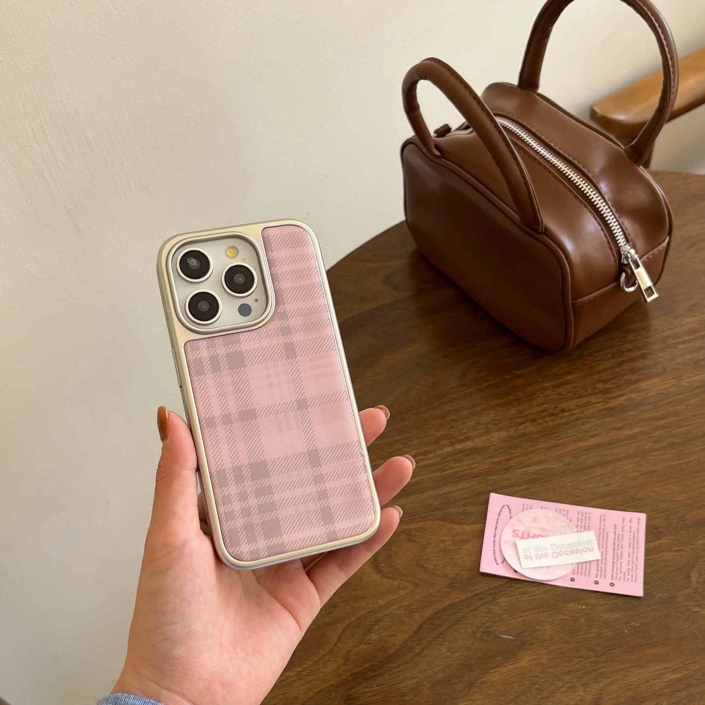 Stylish Simple Electroplate Pink Plaid Pattern Solid Color Phone for iPhone 13 14 15 16 Pro Max Glossy Shockproof Phone Case