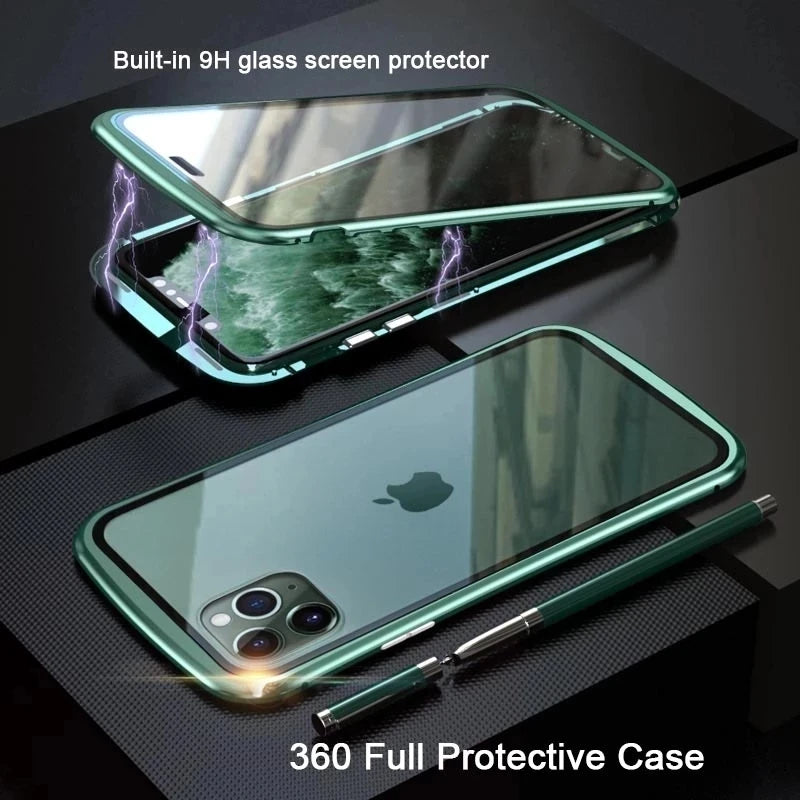 360°Full Protection Metal Magnetic Phone Case For IPhone 16 Pro Max 14 13 12 11 15 Pro Max X XS XR Plus Double-Sided Glass Cover - Caseverse